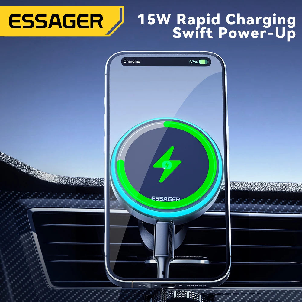 Essager Magnetic Wireless Charger Car Phone Holder 15W RGB Seven Color Light Fast Charging Mount Stand For IPhone15 14 13Android Peaceful Pleasures Health and Wellness