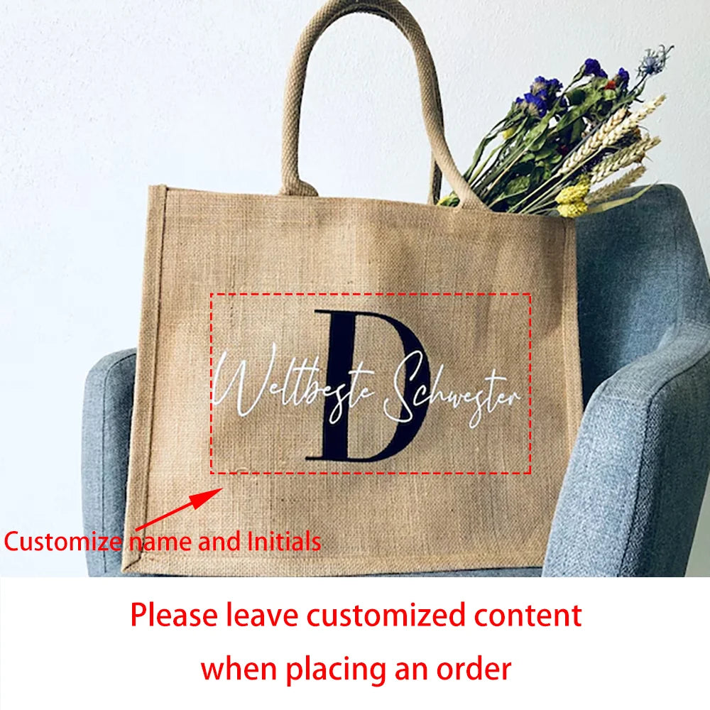 Custom Jute Bag with Initials | Bridesmaid & Beach Gift Tote