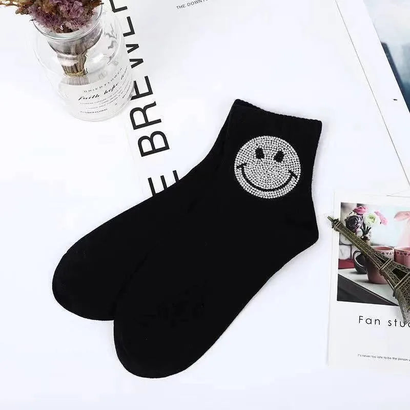 New Rhinestone Decorative Socks, Fashionable Diamond Sparkling Socks, Cute Cartoon Animal Pattern Comfortable Low Cut Socks Peaceful Pleasures Health and Wellness Beige 36-42