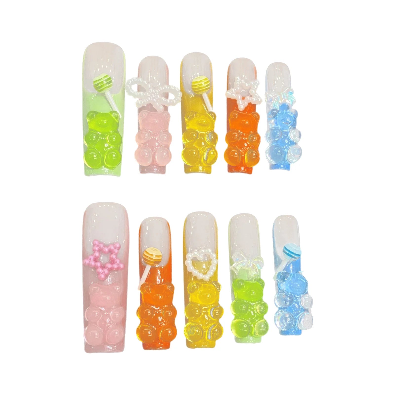 Handmade Press on Nails Cute Candy Bear Bow Love Decor False Nails for Women Wearable Full Cover European Extra Long Fake Nails Peaceful Pleasures Health and Wellness L