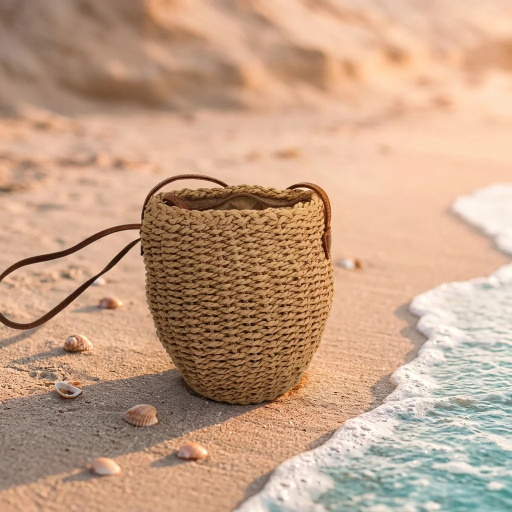 Handwoven Straw Bucket Bag For Women Vintage Style Natural Wicker Crossbody Shoulder Bag With Adjustable Strap Peaceful Pleasures Health and Wellness