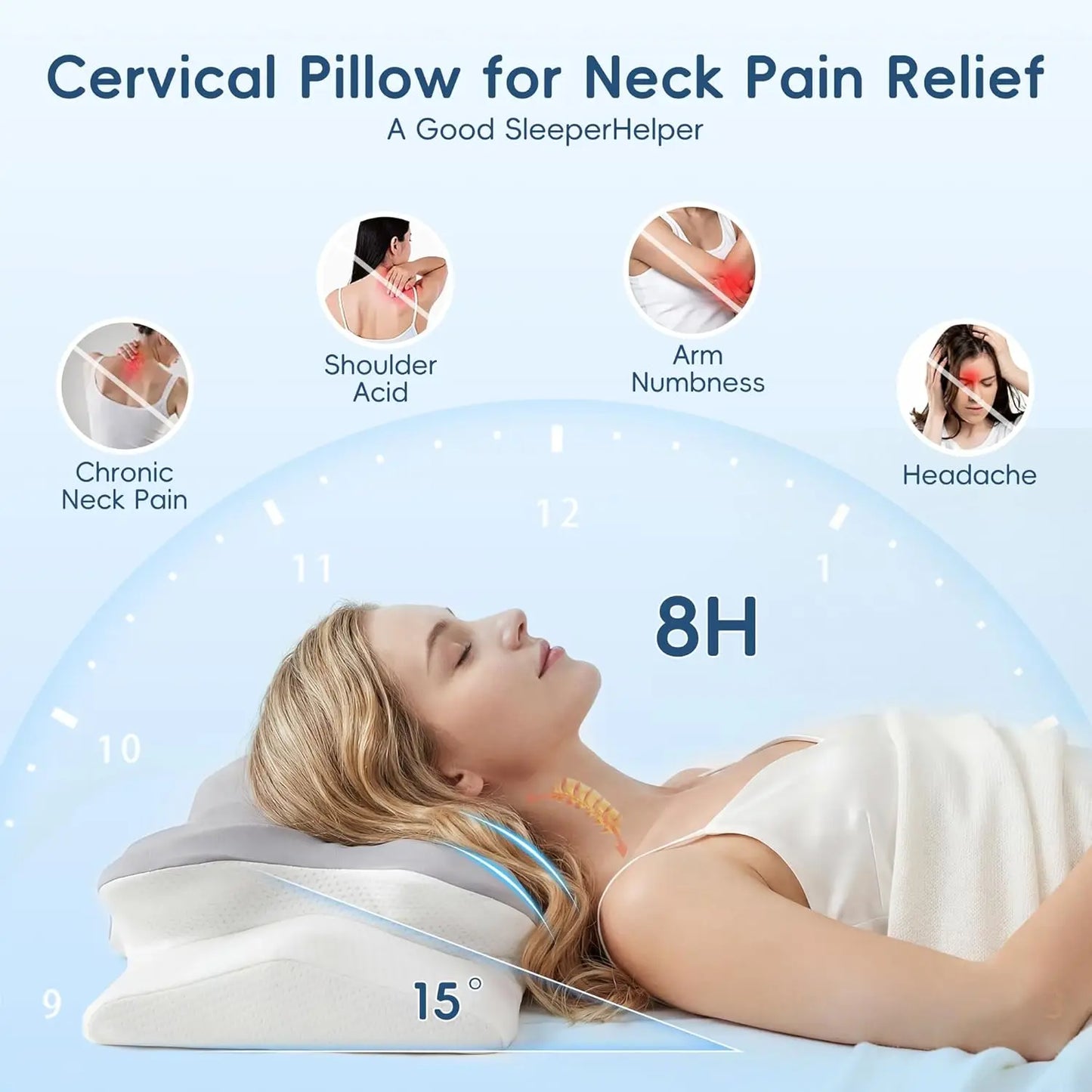 Cervical pillow for neck pain relief with a woman lying down, showing缓解的症状 and 8H duration.