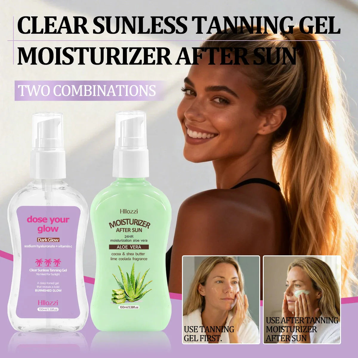 Clear Sunless Tanning Gel – Dark Glow & After Sun Moisturizer