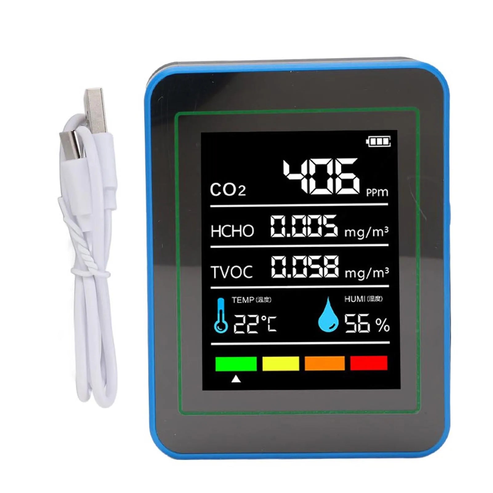 Air Quality Detector 5 in 1 LCD Color Screen Long Battery Life CO2 TVOC HCHO Meter Fast Data Refresh Rechargeable for Office Peaceful Pleasures Health and Wellness 5in1 black