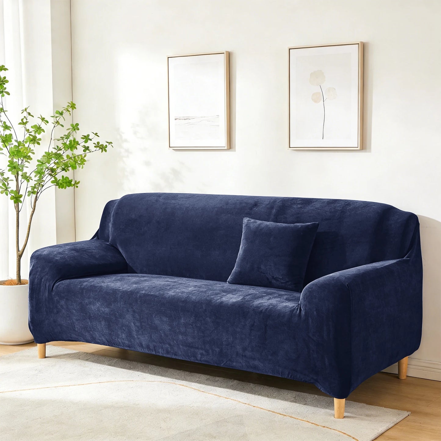 New Velvet Plush Stretch Sofa Slipcover Non Slip Soft Couch Loveseat Covers Furniture Protector with Elastic Bottom for Kids Pet Peaceful Pleasures Health and Wellness Dark Blue 4 Seat ( 225-290cm)