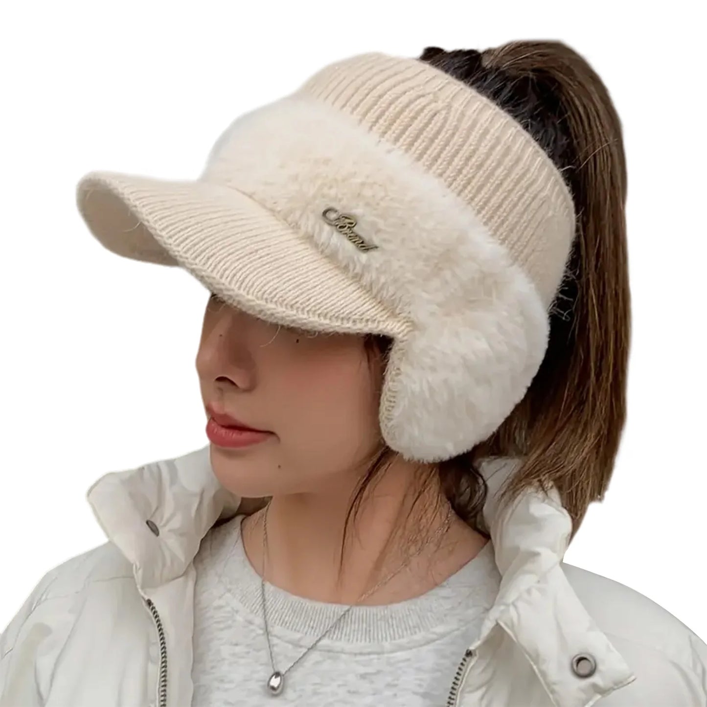 Knitted Ponytail Ear Protection Hats Breathable & Cozy Stretchy Knitted Baseball Hats for Leisure Walking Performance Peaceful Pleasures Health and Wellness Beige