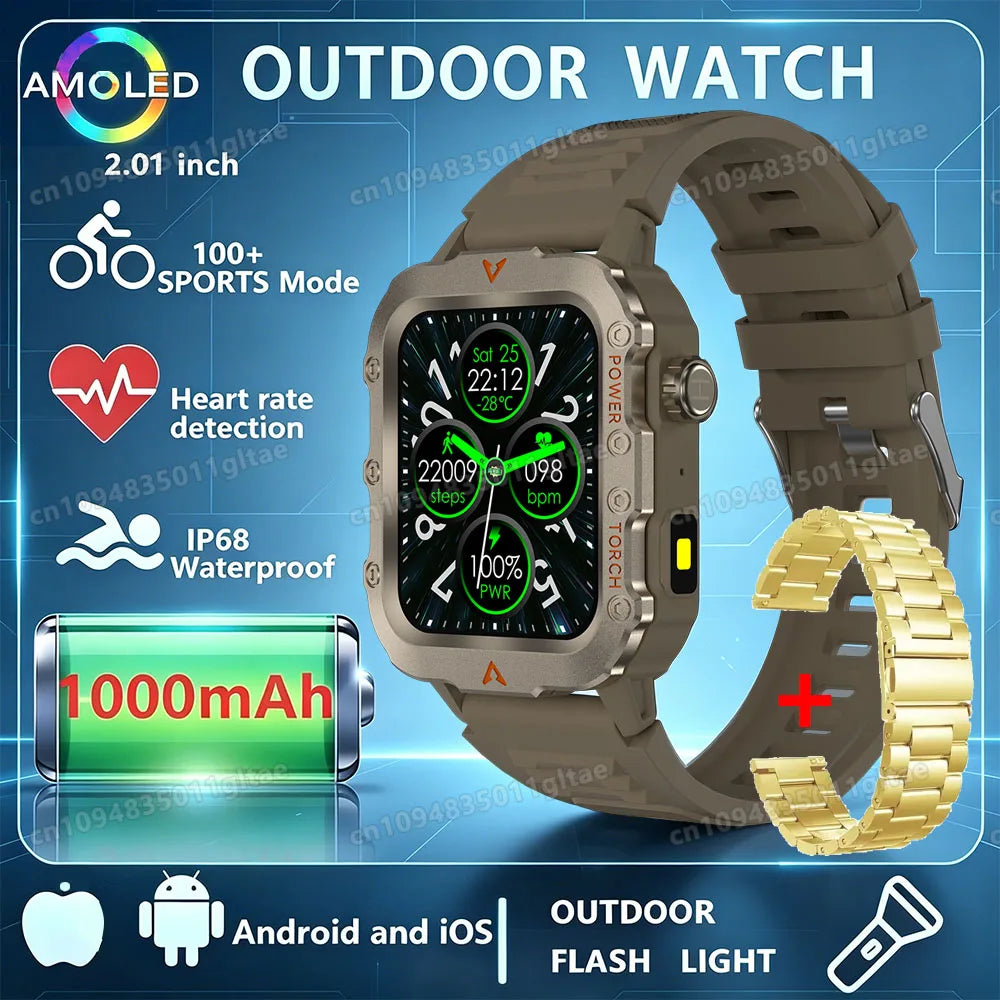 2026 New Military Outdoor Smart Watch Men's GPS Flashlight Bluetooth Call 2.01" AMOLED Screen 3ATM Waterproof Sports Smartwatch Peaceful Pleasures Health and Wellness Br22GoSzstrap Smartwatch