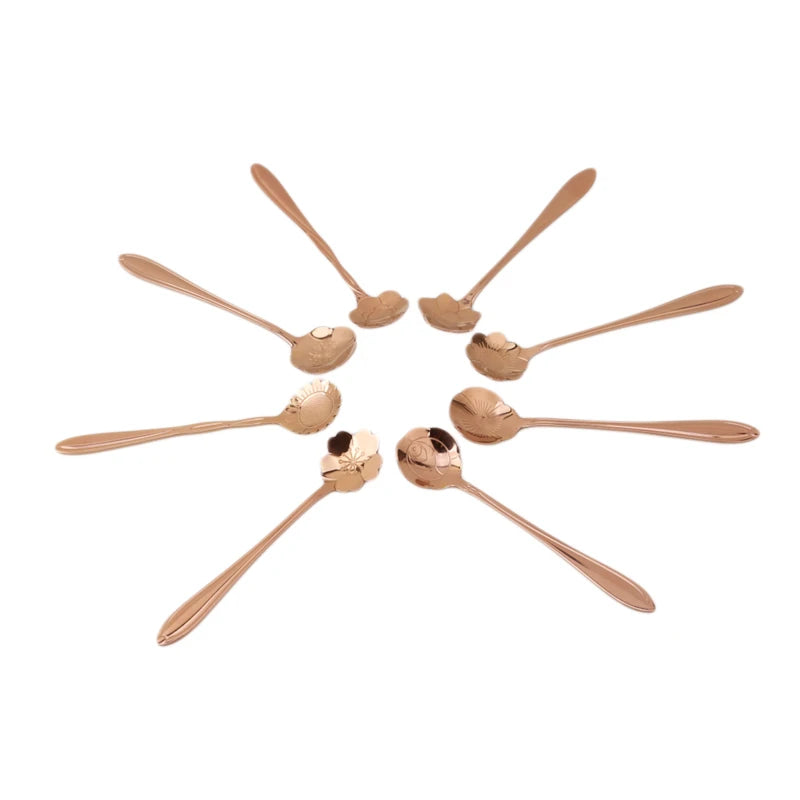 8Pcs/Set Flowers Design Gold Spoon Long Handle Dessert Tea Coffee Mixing Spoon Stainless Steel Vintage Teaspoons Drink Tableware Peaceful Pleasures Health and Wellness Rose gold