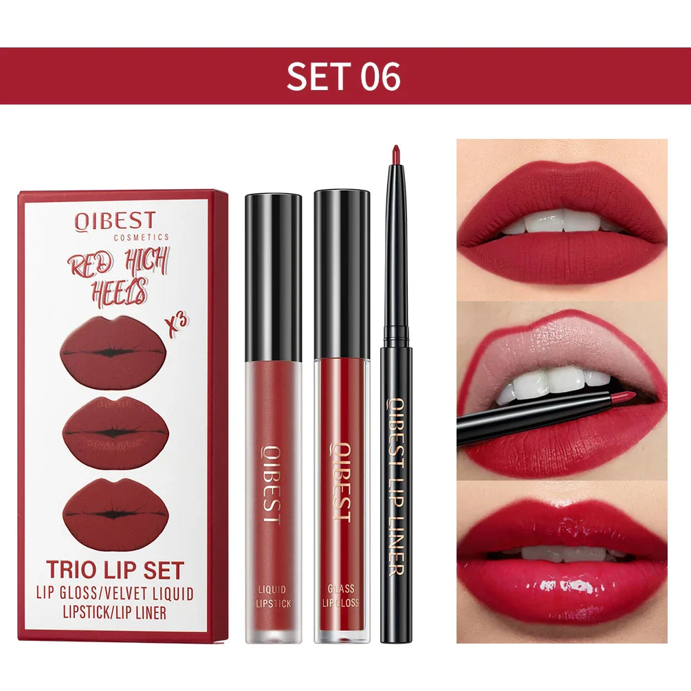 QIBEST 3-in-1 Matte Lipstick, Lip Liner & Gloss Set