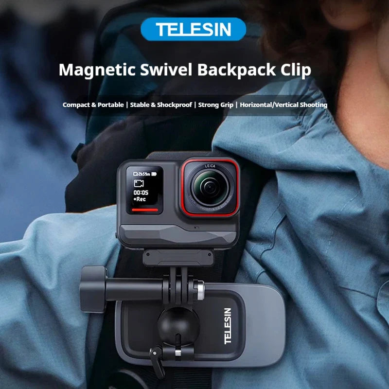TELESIN 360° Magnetic Backpack Clip Mount – GoPro, DJI, Insta360