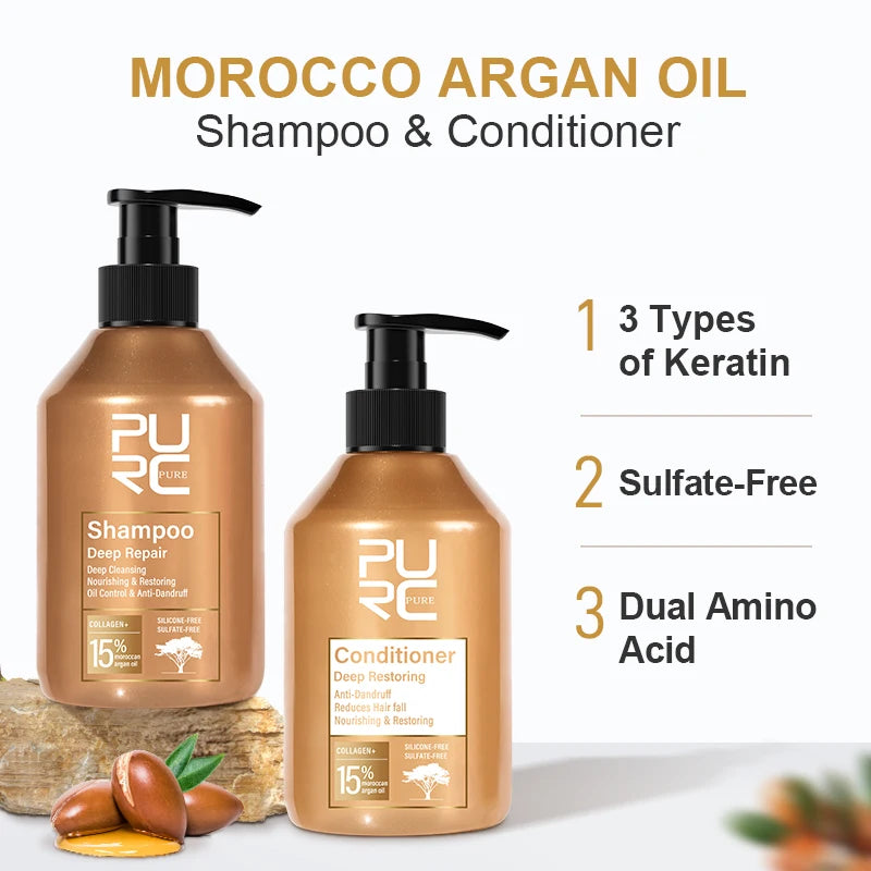 PURC Morocco Argan Oil Shampoo Conditioner Set Smoothing Nourishing Repair Damaged Frizz Hair Scalp Treatment Hair Care Peaceful Pleasures Health and Wellness Sets