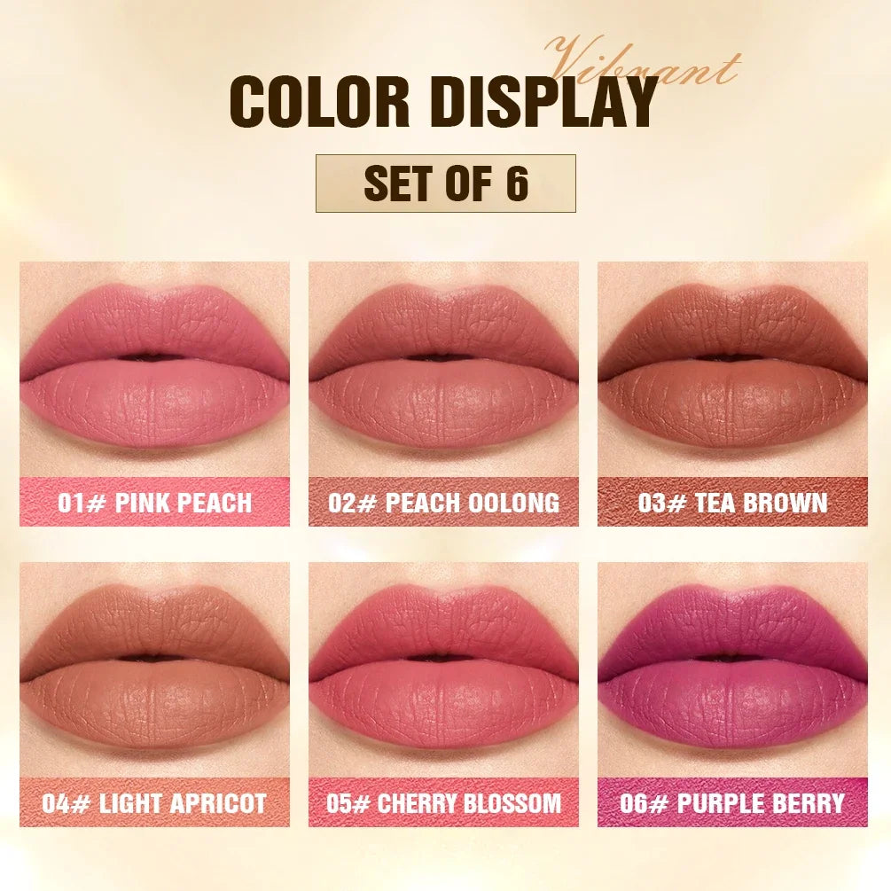 QIBEST 6 Colors Matte Lipstick Sets Lasting Moisturizing Nude Sculpting Lipstick Pencil Makeup Hydrating Lip Stain Tint Cosmetic Peaceful Pleasures Health and Wellness