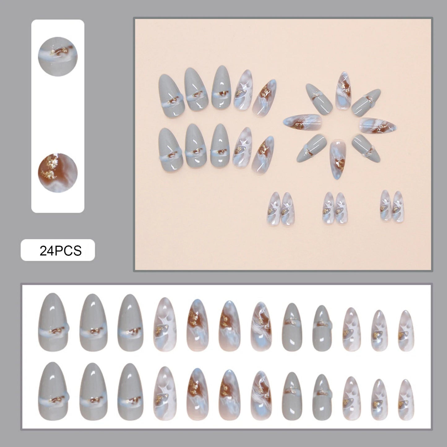 24PCS Blue Cat Eye False Nails Short Round Cute Press on Nails Wearable Full Cover Ins Flowers Pattern Fake Nail Tips for Girls Peaceful Pleasures Health and Wellness Z8
