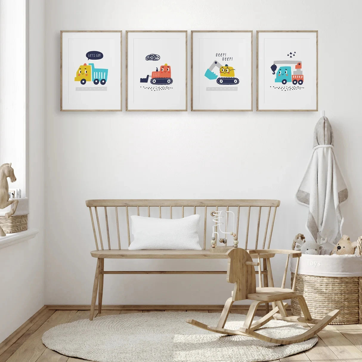 4-Piece Cartoon Construction Vehicles Canvas Wall Art | Kids Room