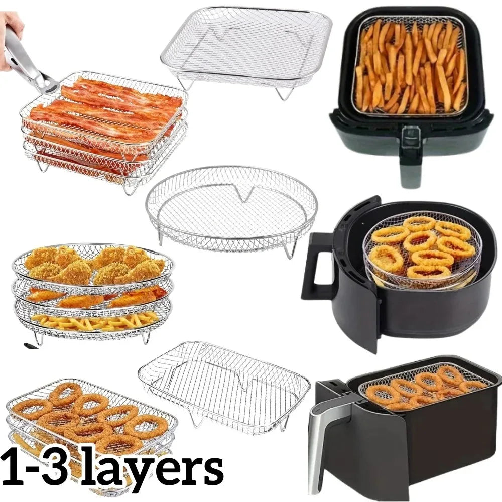 1–3 Layer Stackable Air Fryer Rack Set | 304 Stainless Steel Square Dehydrator Racks