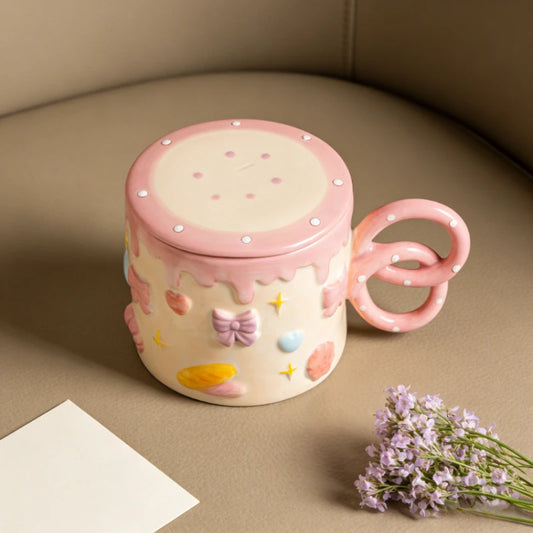 Hand-Painted Cake Ceramic Mug with Lid – Large Capacity Cup Ceramic Coffee Mug Peaceful Pleasures Health and Wellness