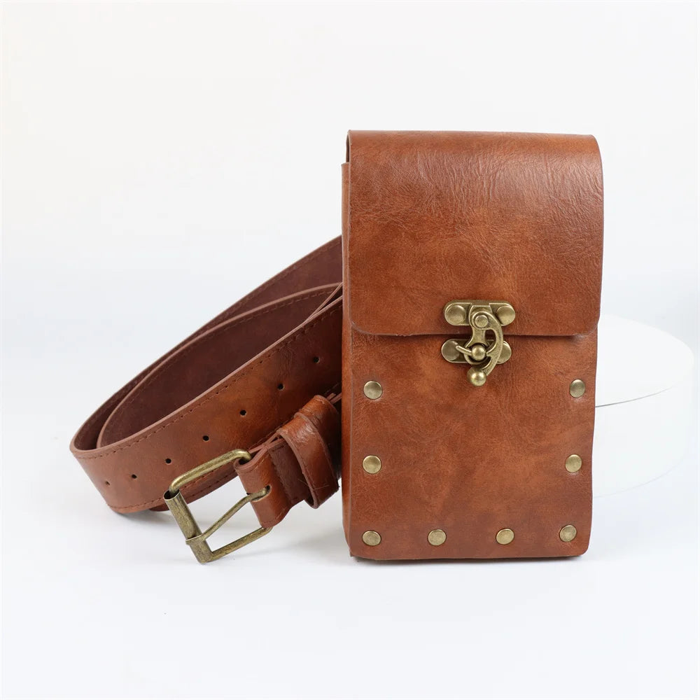 Medieval Cosplay Steampunk Leather Backpack Waist Ring Belt Pouch