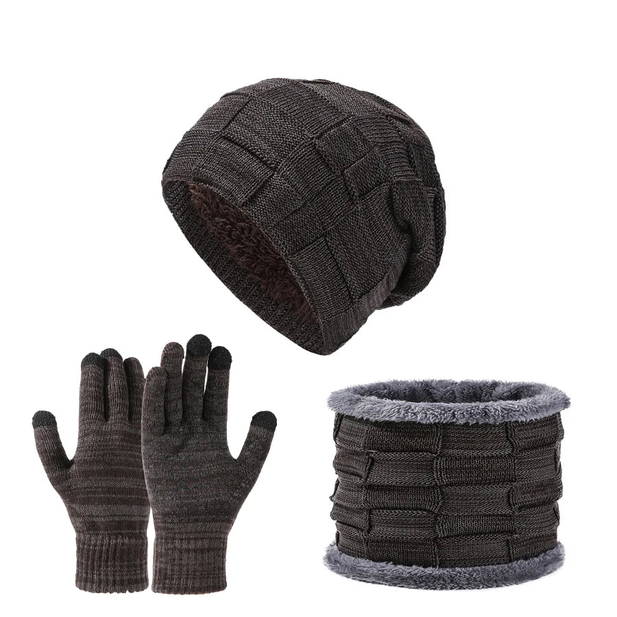Autumn Winter Unisex Warm & Soft Winter Fleece-lined Knitted Hat,Scarves And Touch Screen Gloves 3-Piece Set Peaceful Pleasures Health and Wellness Brown