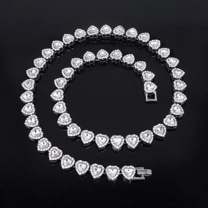 Hip Hop Tennis Chain Necklace – CZ Rhinestone Heart, 45cm