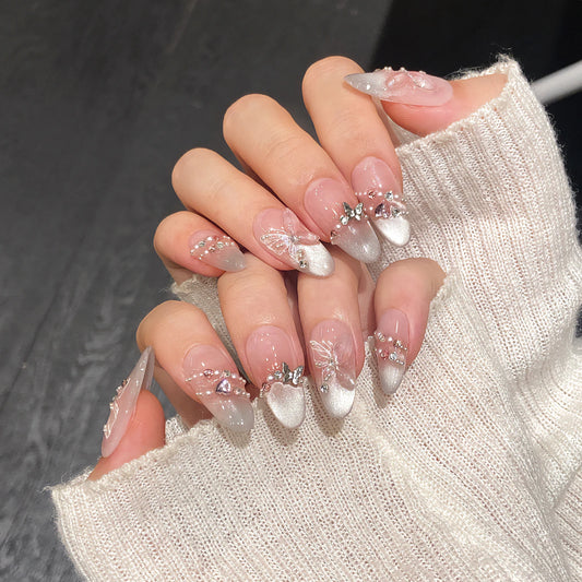 10pcs Handmade Press on Nails Pink Butterfly French Cat Eye Fake Nails Wearable Full Cover Shiny Sweet Korean Fake Nail Tips Peaceful Pleasures Health and Wellness S