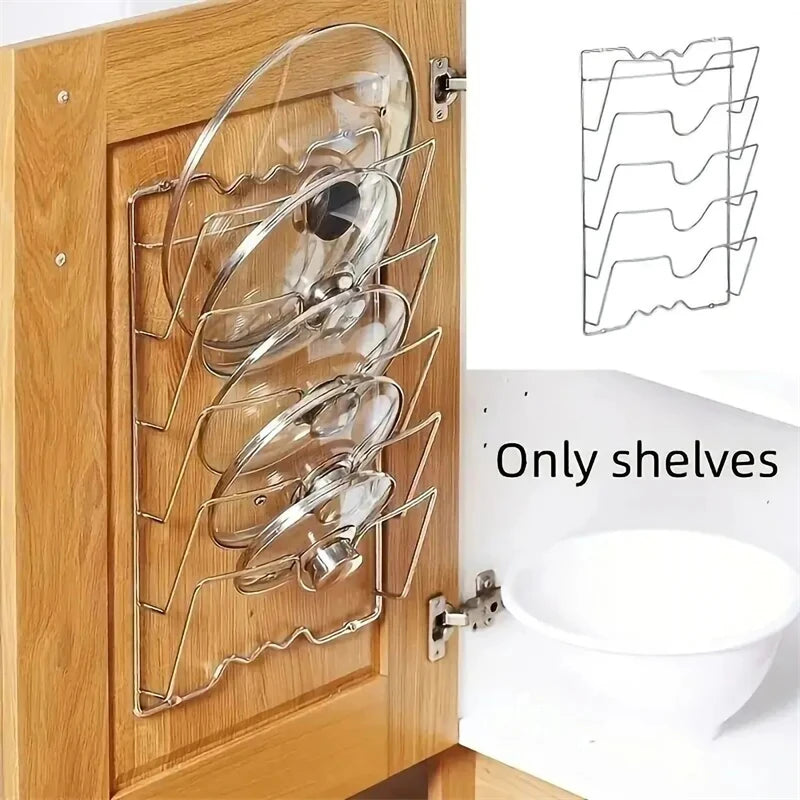 5-Layer Stainless Steel Pot Lid & Kitchen Organizer Rack – Wall Mount or Cabinet Door Storage for Lids, Cutting Boards & Trays