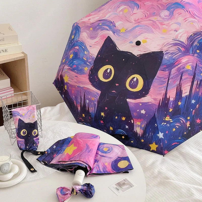 Cartoon Cat Pink Folding UV Umbrella – Auto Open, Sun & Rain