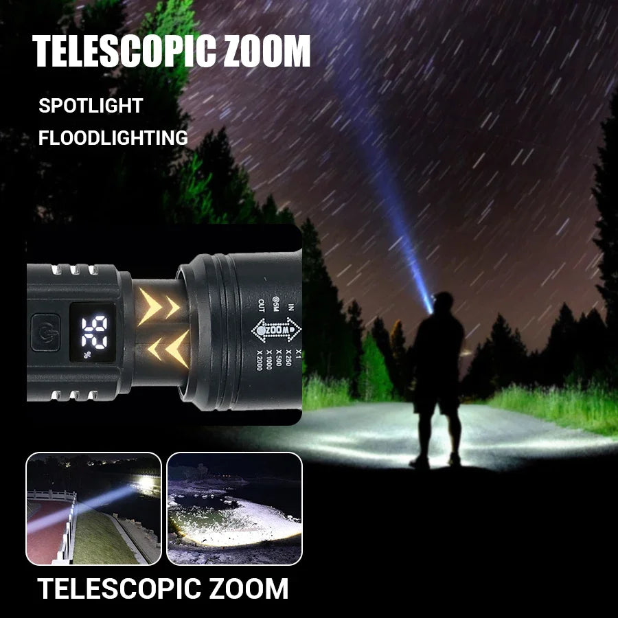 2000LM Zoomable Tactical LED Flashlight – USB Rechargeable Power Bank