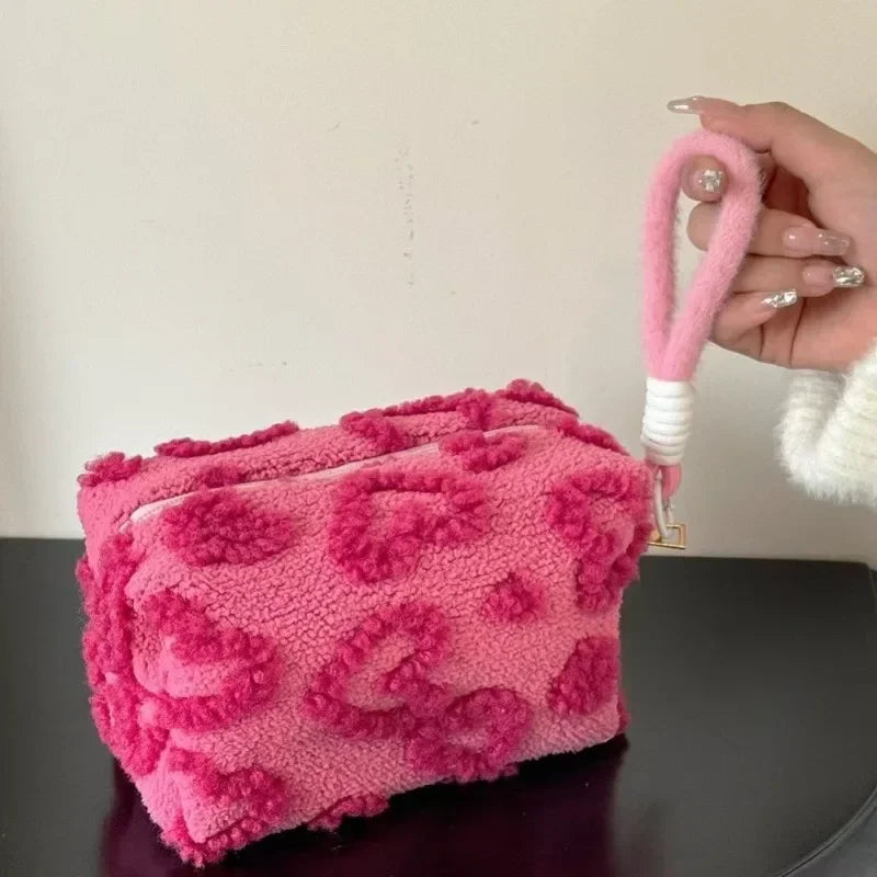 Plush Makeup Bag with Handle | Love Print Travel Cosmetic Pouch