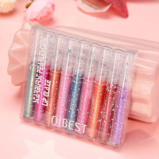 QiBest 9-Pc Glitter Lip Gloss Set – Pearlescent Liquid Lipstick Lip Gloss Set Oasis Select Lip Makeup Kits