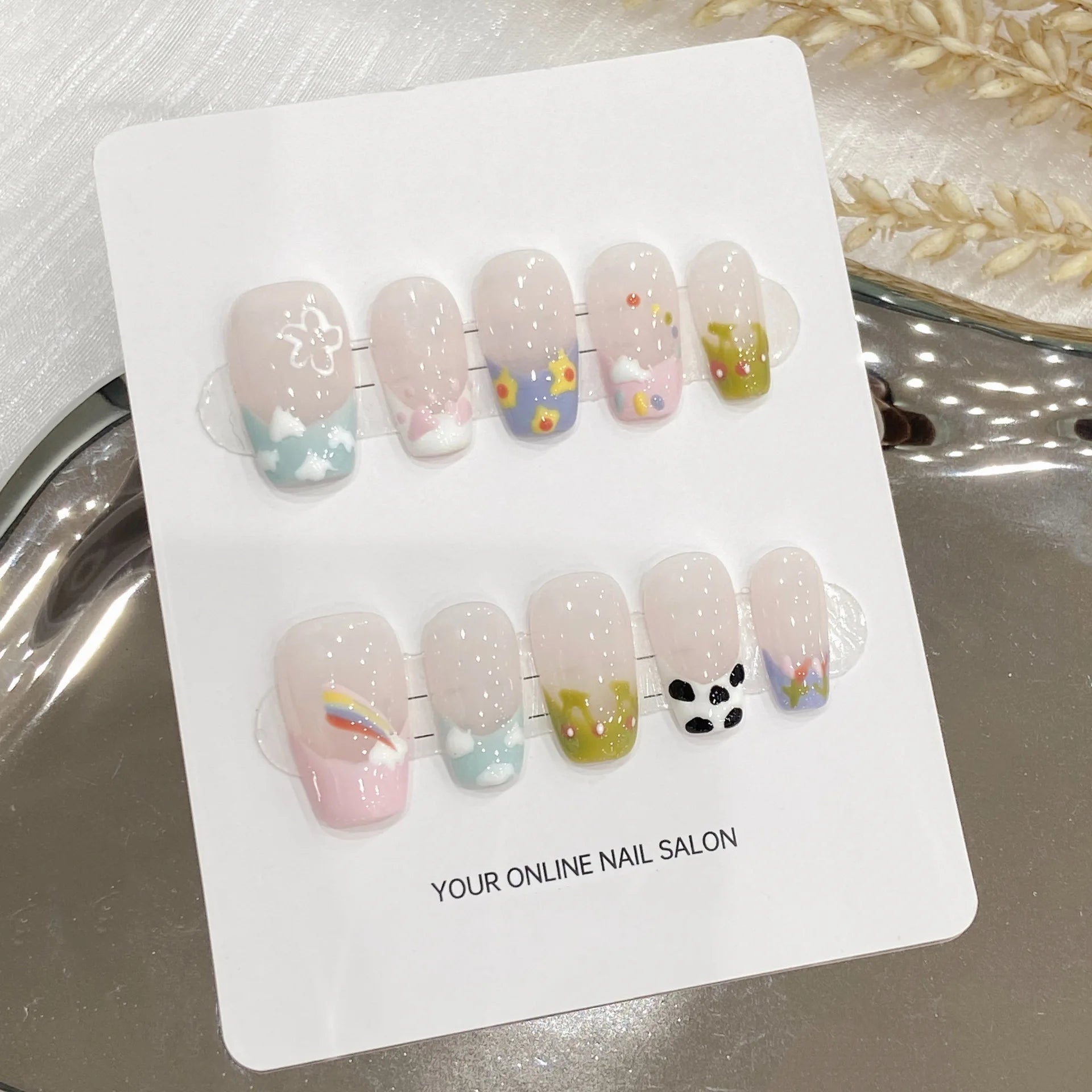10pcs Handmade Cute Cat Fish Design Press on Nails Sweet Cat Eye False Nails Full Cover Wearable Korean Fake Nail Tips for Girls Peaceful Pleasures Health and Wellness S
