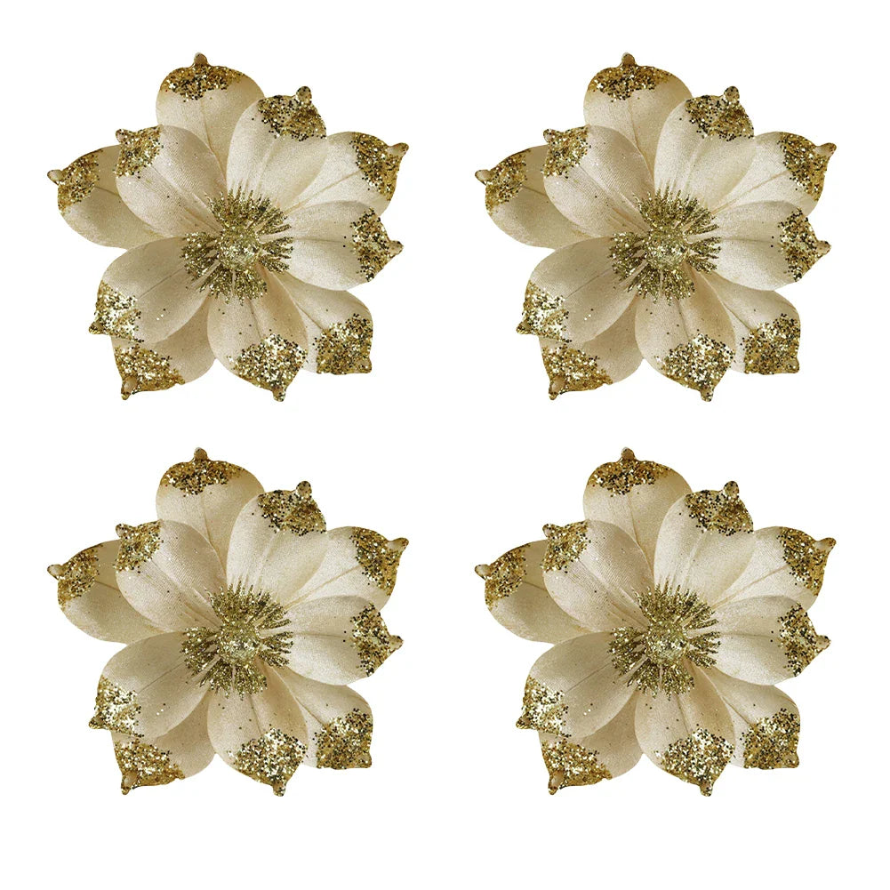 Gold Glitter Christmas Artificial Flowers – Set of 4 | Holiday Decor