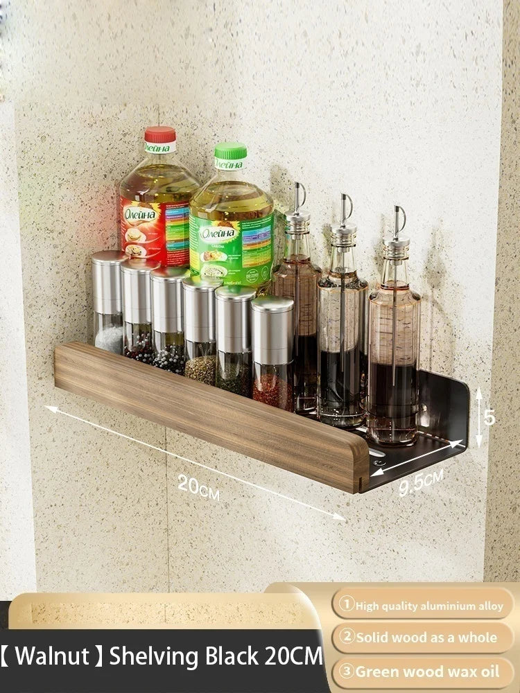 Wall-Mounted Wood & Aluminum Spice Rack with Hooks | Kitchen Organizer