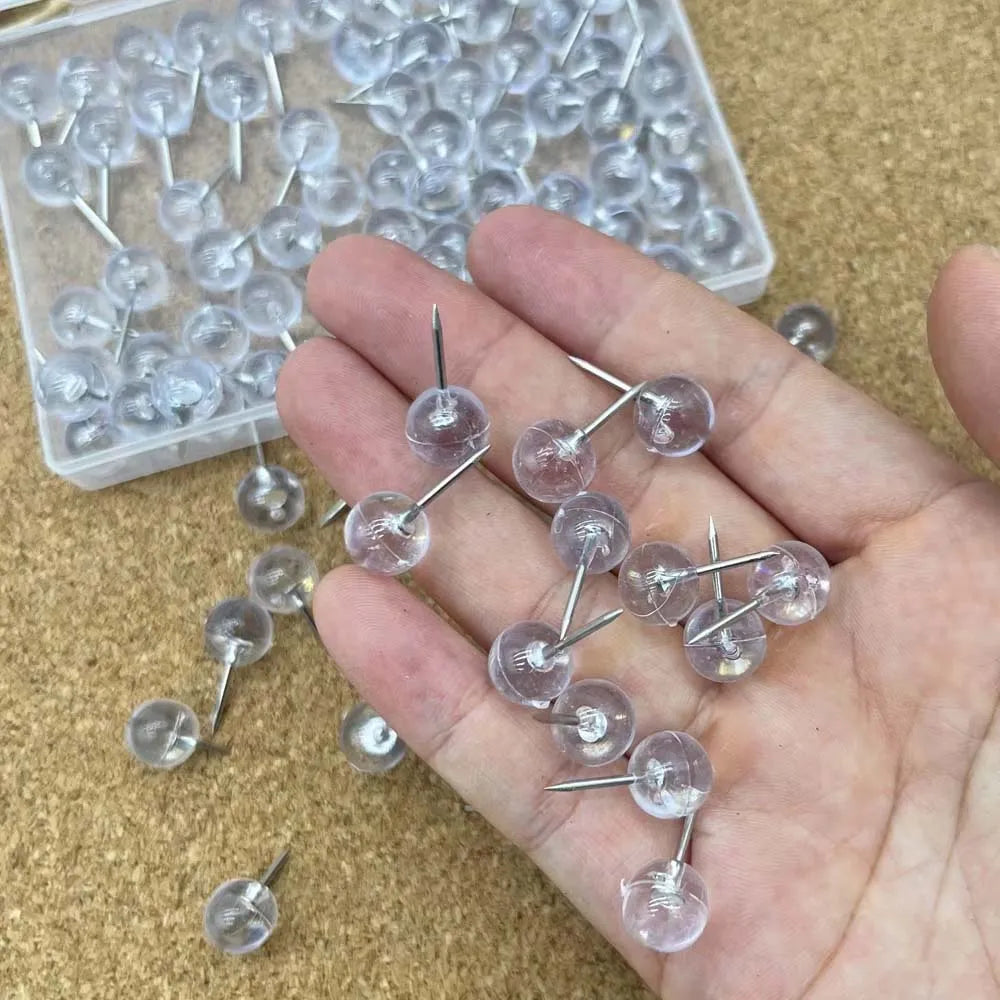 100 Clear Push Pins – Steel Thumb Tacks for Bulletin Board