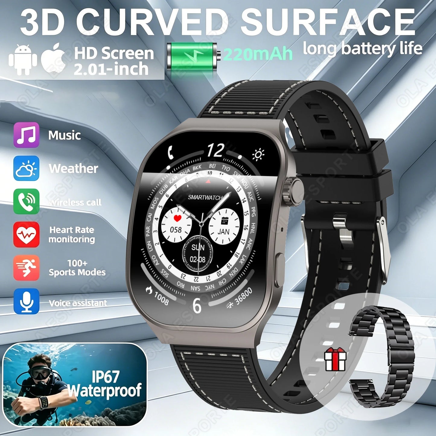 Ola Esporte Bluetooth Smart Watch Men 2.01" HD | Android iOS