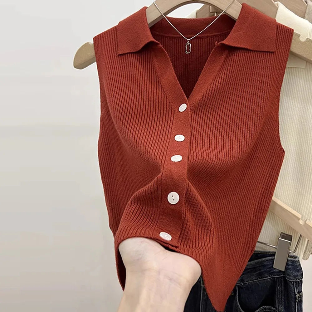 Women's Polo Collar Knit Vest – Slim Fit Sleeveless Camisole
