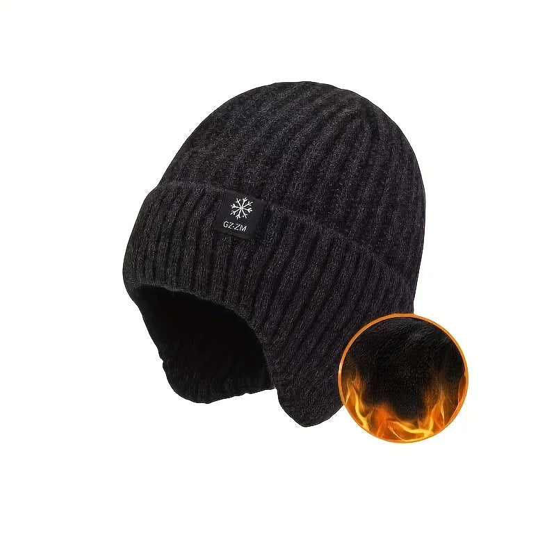 Men's Faux Fur Lined Beanie with Ear Flaps | Winter Knit Hat