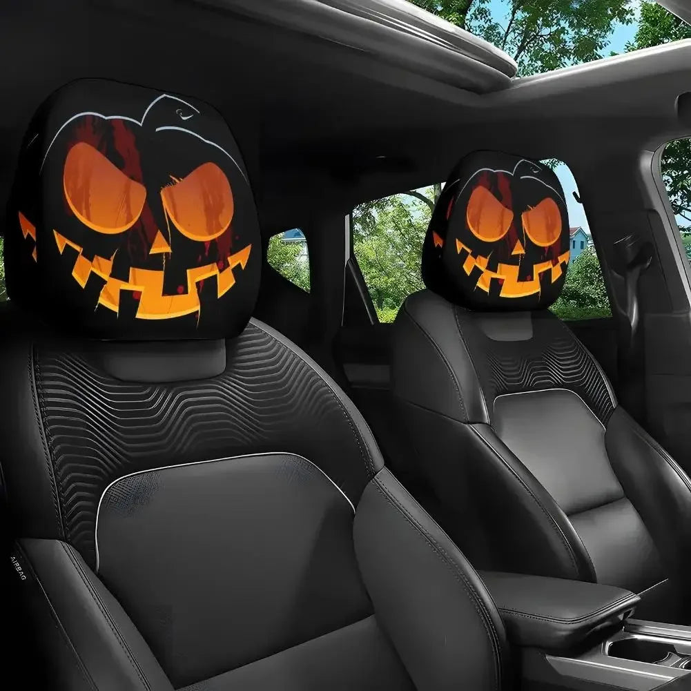 2pcs Halloween Decoration Black Skull Car Print Headrest Cover Universal Stretchy Spooky Fun Universal Head Cover Auto Parts Peaceful Pleasures Health and Wellness