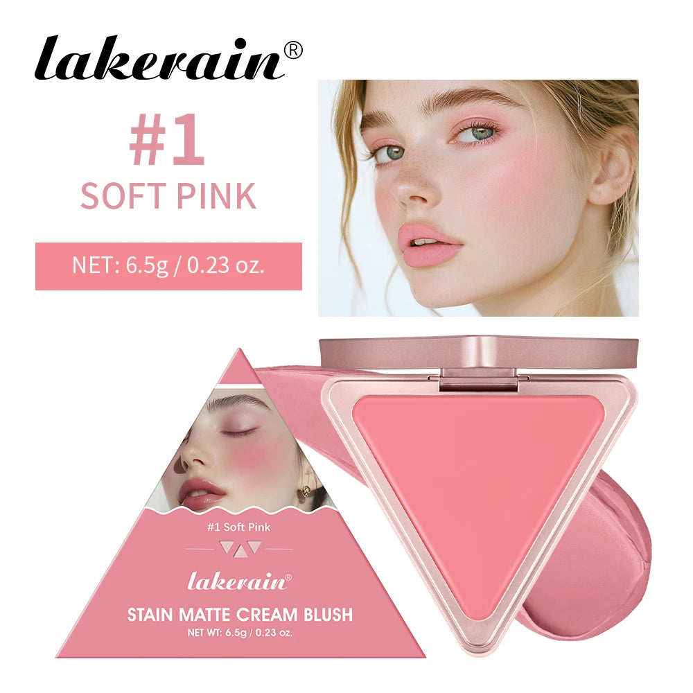 Lakerain Matte Cream Blusher Long-lasting Natural Makeup Triangle Box Design Oil-Resistant High Pigment Cream Blush Plate Peaceful Pleasures Health and Wellness Soft pink