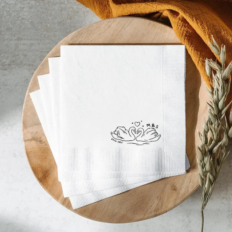 20 Personalized Swan Heart Wedding Napkins | Custom Monogram