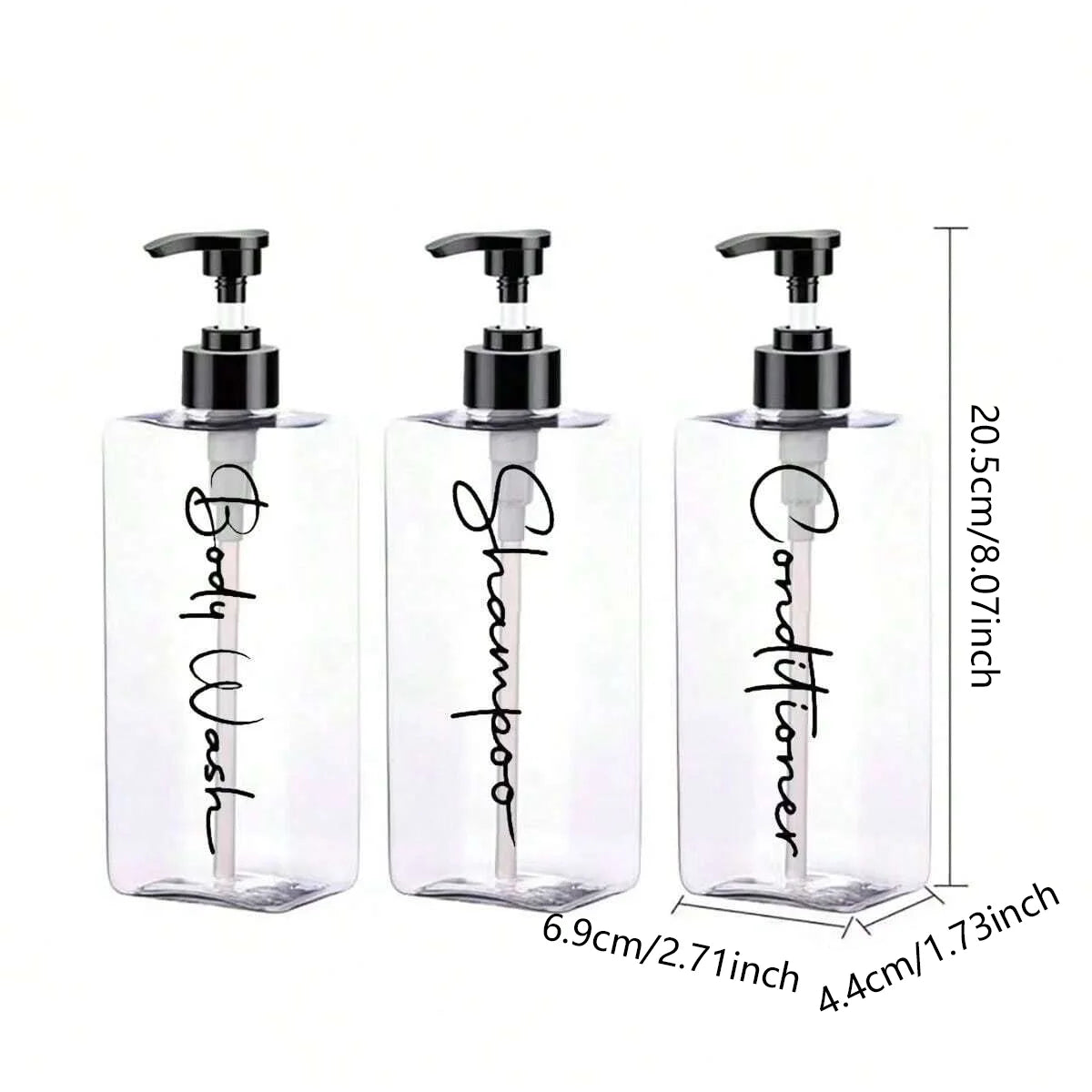 3 Transparent Square Refillable Shampoo and Conditioner Dispensers, 400ml Each, with 3 Waterproof Labels Peaceful Pleasures Health and Wellness