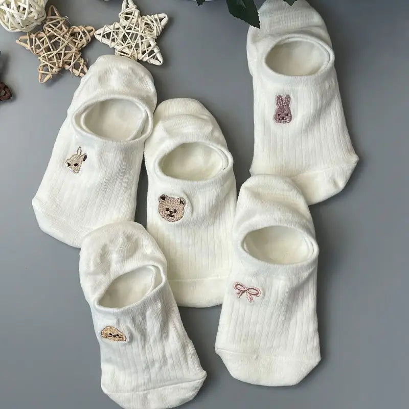 Socks Set 10 Pairs Toe Socks Women's Cotton Ankle Stockings Summer Breathable Versatile White Socks Cute Cartoon Pattern Peaceful Pleasures Health and Wellness