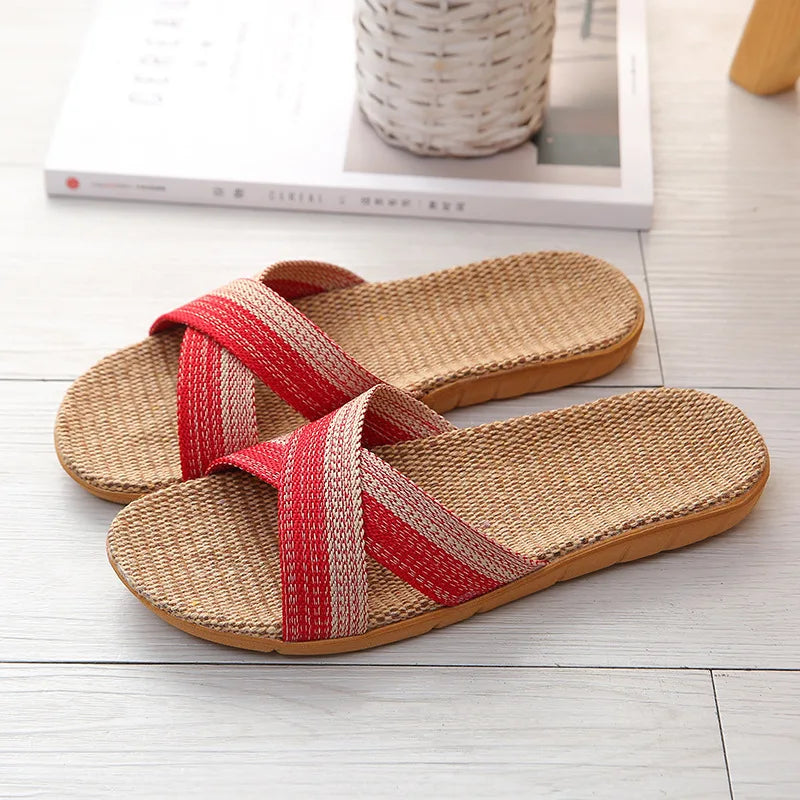 Women's Linen Flat Slippers – Lightweight Open Toe Indoor Slides