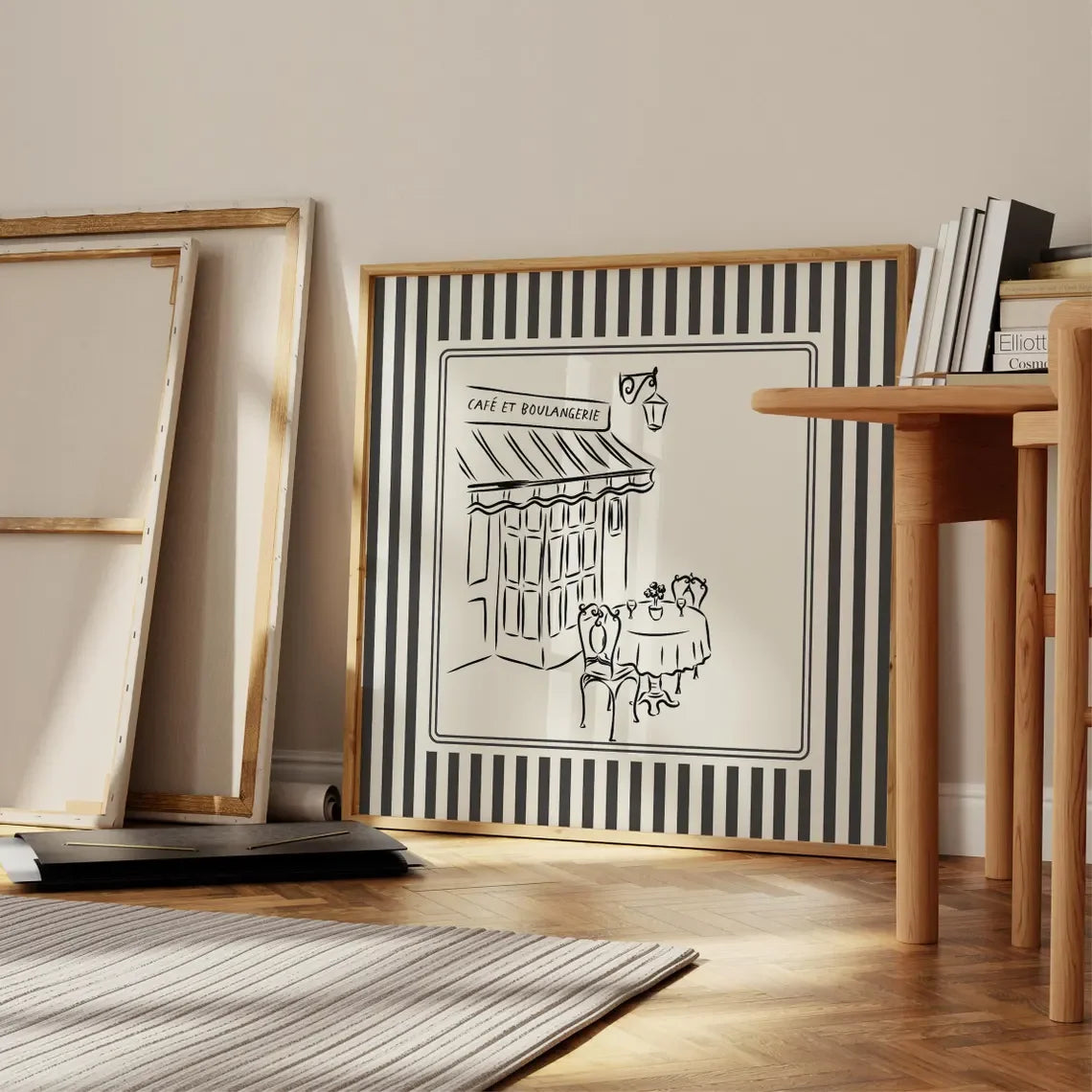 Black and White Striped French Cafe Print, Minimalist Illustration, Digital Downloads, Art Print, Gift Idea, Aesthetic Peaceful Pleasures Health and Wellness