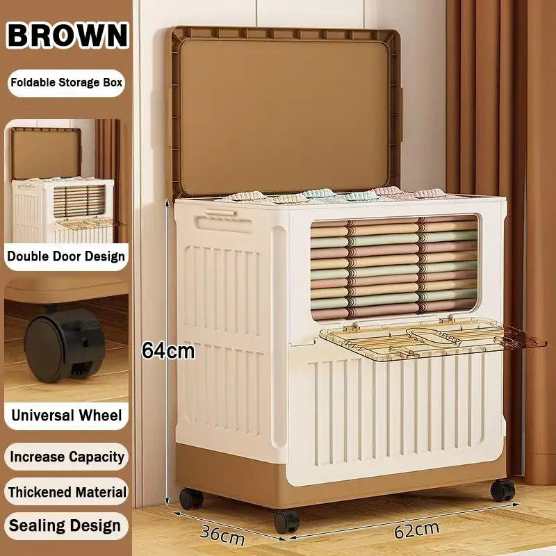 Foldable Plastic Storage Box with Wheels – Large Organizer Rolling Storage Box Peaceful Pleasures Health and Wellness Brown 2 Door