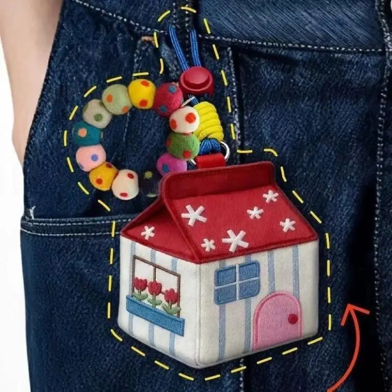 Red House Earphone & Coin Storage Bag Keychain Pendant