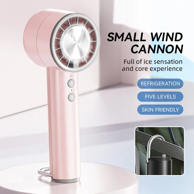 Handheld Mini Ice Fan Refrigeration Air Conditioner Rechargeable With LED Display 5 Speed Super Cool Turbo Fan For Travel Peaceful Pleasures Health and Wellness Pink Upgrade