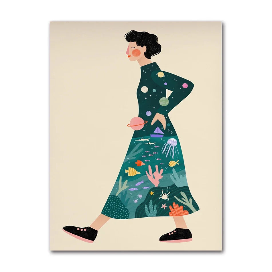 1Pc Frameless Whimsical Colourful Art Vibrant Woman Portrait Minimalist Wall Art Canvas Painting Posters for Living Room Mode Peaceful Pleasures Health and Wellness 6 30x40cm Unframed