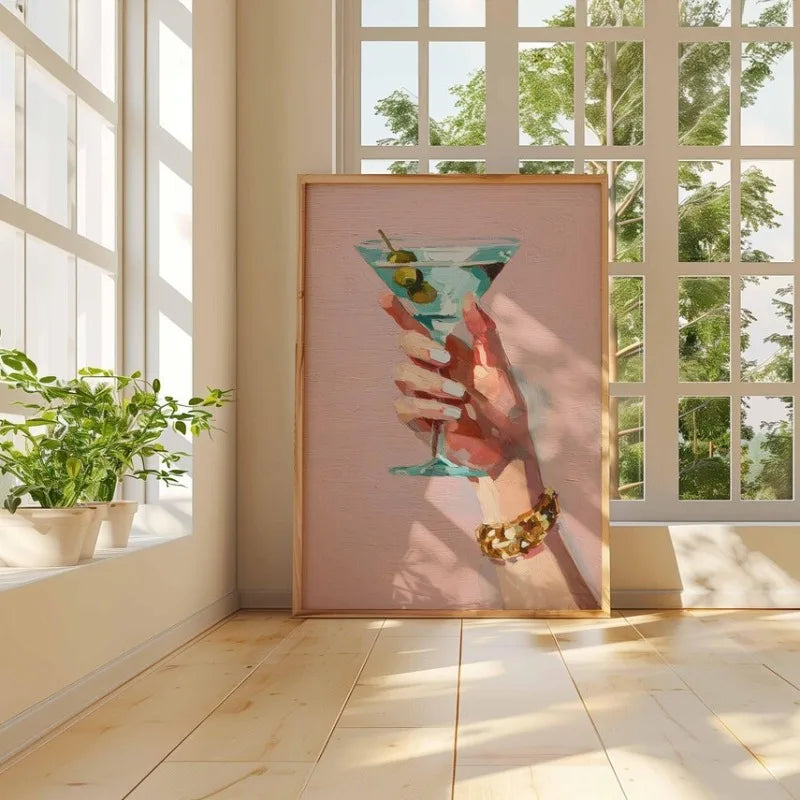 Chic Martini Glass Poster Hand Holding Cocktail Modern Champagne Canvas Painting Fashion Wall Art Bar Kitchen Room Home Decor Peaceful Pleasures Health and Wellness