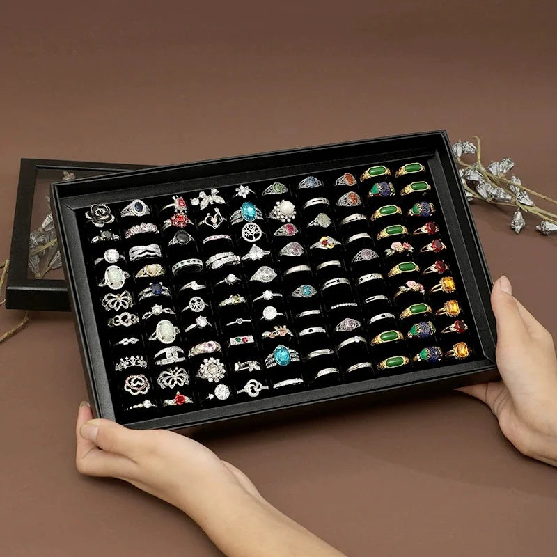 Black Velvet Ring Holder Display Tray – 100-Ring Jewelry Organizer