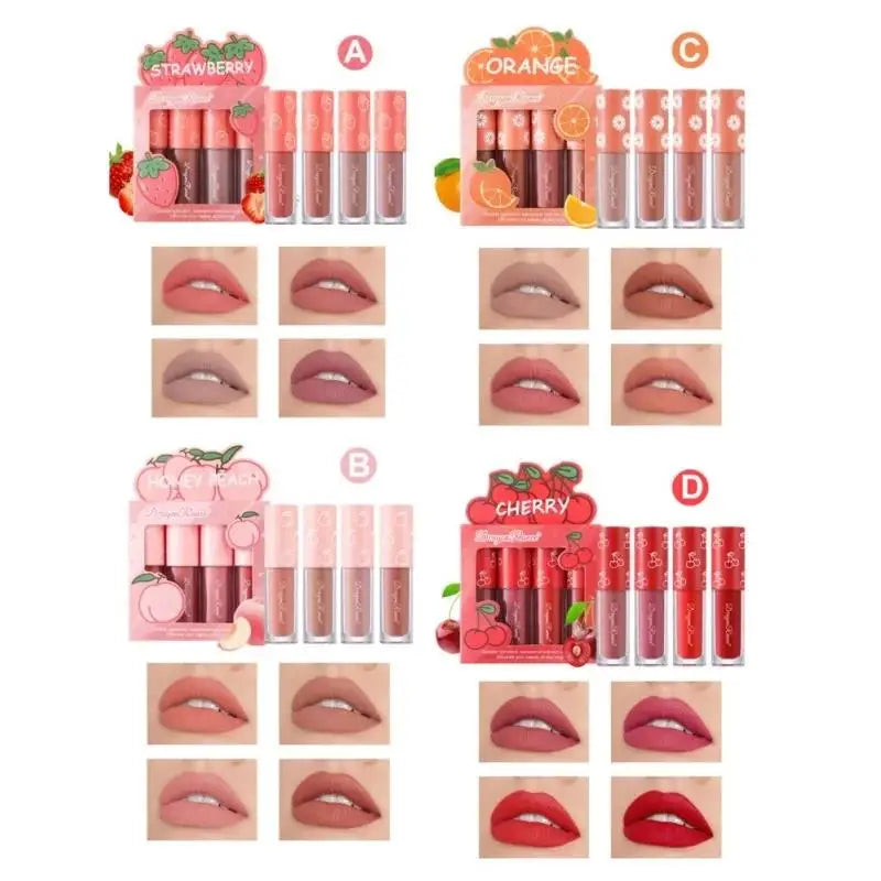 Dragon Ranee 4-Piece Velvet Matte Lip Gloss Set – Fruit Scented